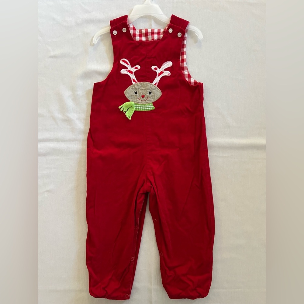 Reversible Bailey Boys Red Kids Overalls Longall with Reindeer or Puppy Design